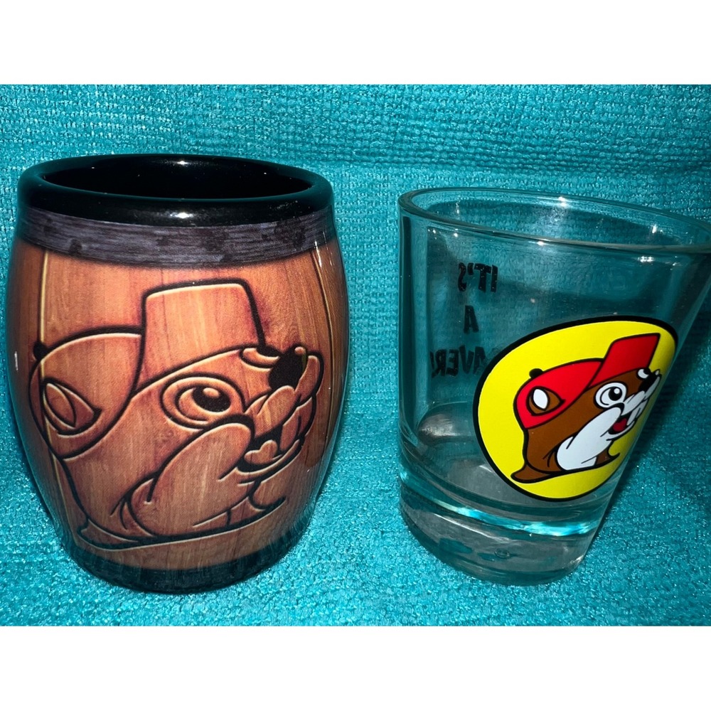 Buc-ee's Collectible Shot Glasses Lot of 2 - Ceramic Barrel & Clear Logo Glass
